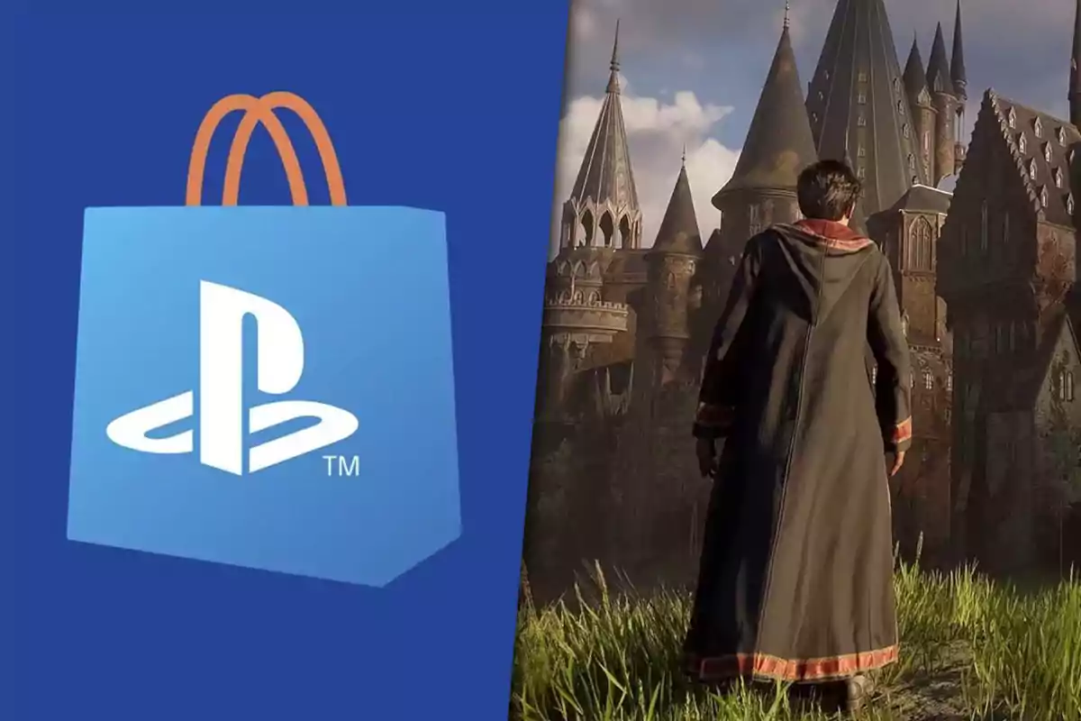 Logo de PlayStation Store junto a un personaje de espaldas con túnica frente a un castillo similar al de Hogwarts