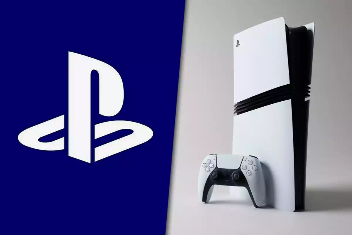 Logo de PlayStation a la izquierda y consola PlayStation 5 con un control a la derecha