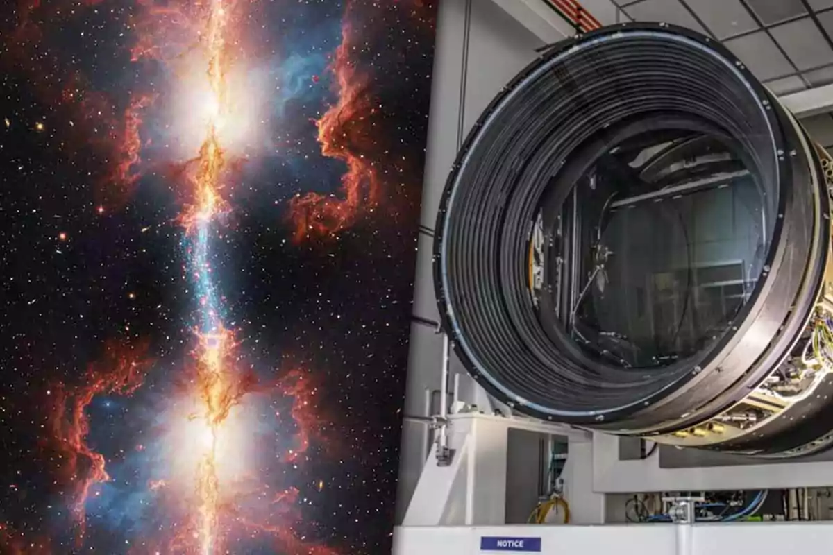 Un telescopio de gran tamaño junto a una imagen colorida del espacio con nubes de gas y estrellas.