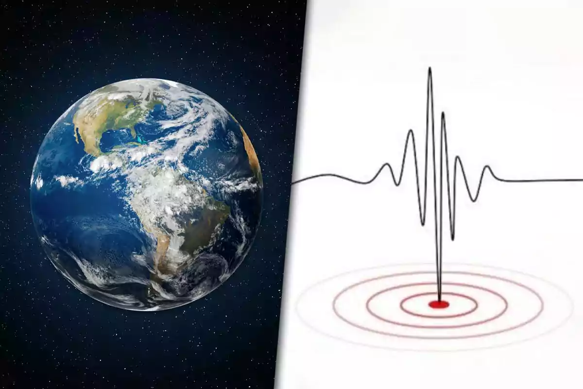 The image shows planet Earth next to a graph of seismic waves representing an earthquake.