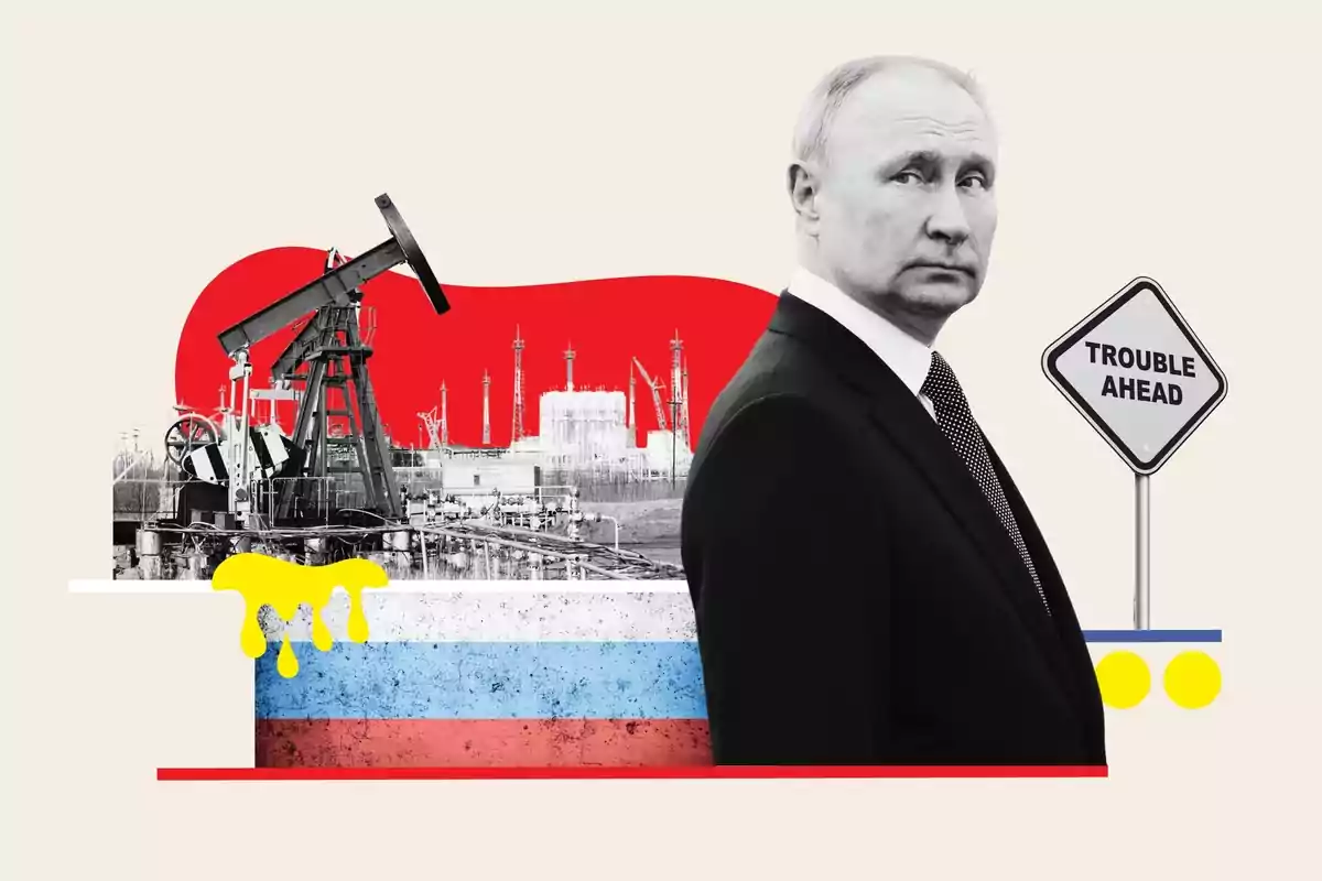 Un hombre de traje aparece en primer plano junto a una señal que dice Trouble Ahead con una ilustración de pozos petroleros, la bandera de Rusia y manchas de petróleo al fondo Un hombre de traje aparece en primer plano junto a una señal que dice Trouble Ahead con una ilustración de pozos petroleros, la bandera de Rusia y manchas de petróleo al fondo