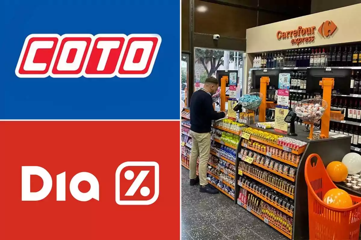 Logos de supermercados Coto y Dia junto a una imagen de una persona en la caja de un Carrefour Express