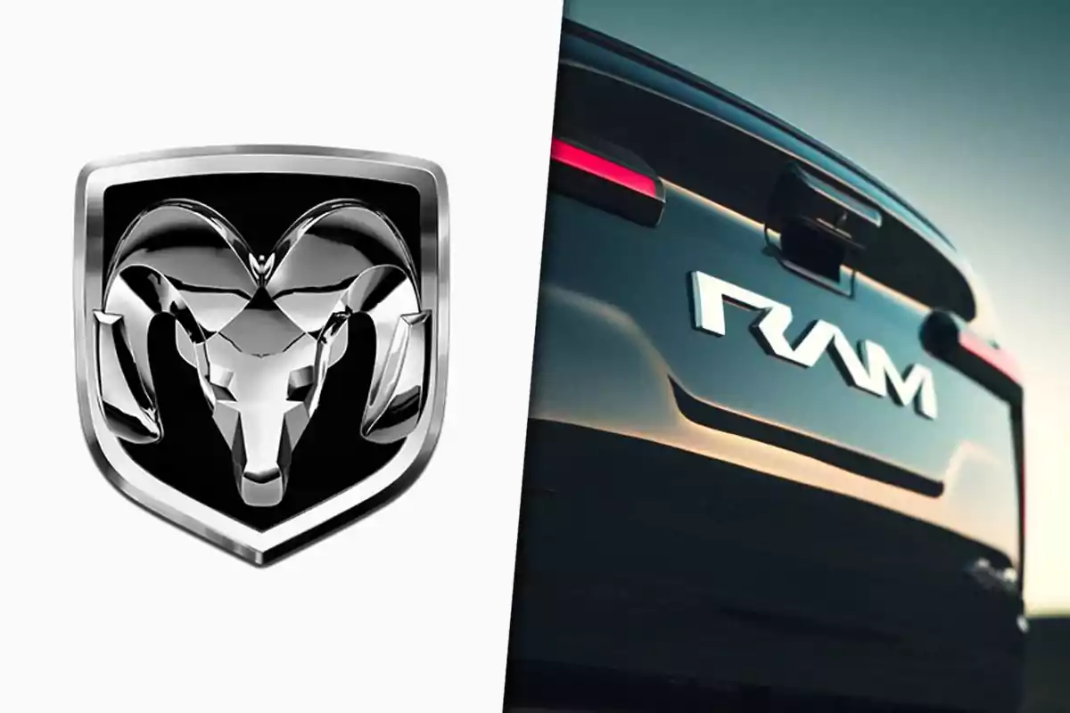 Logotipo cromado de un carnero y parte trasera de una camioneta RAM con el nombre de la marca en letras plateadas