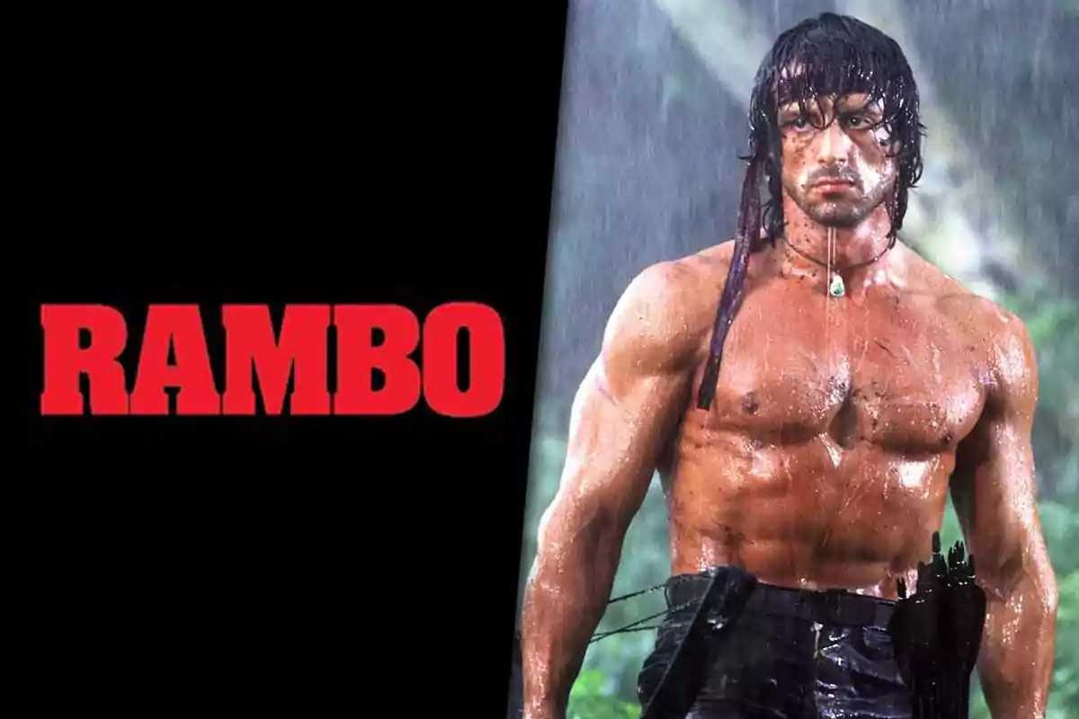 Hombre musculoso con el torso desnudo bajo la lluvia y la palabra RAMBO en letras rojas a la izquierda