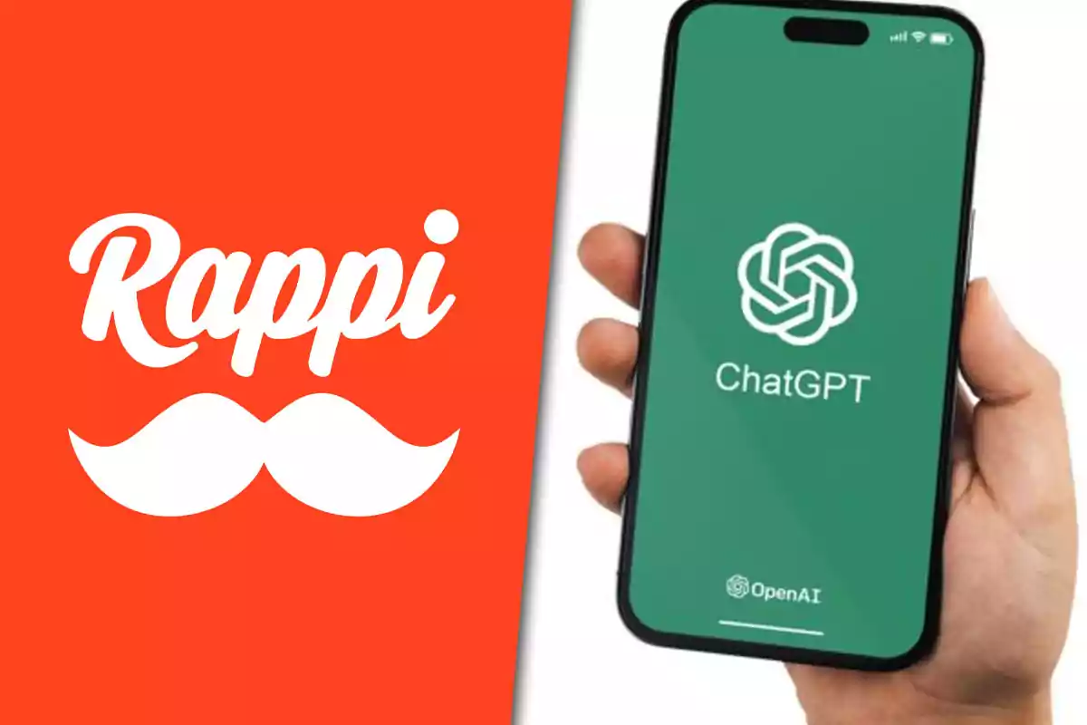 Logo de Rappi junto a una mano sosteniendo un teléfono con la pantalla de ChatGPT