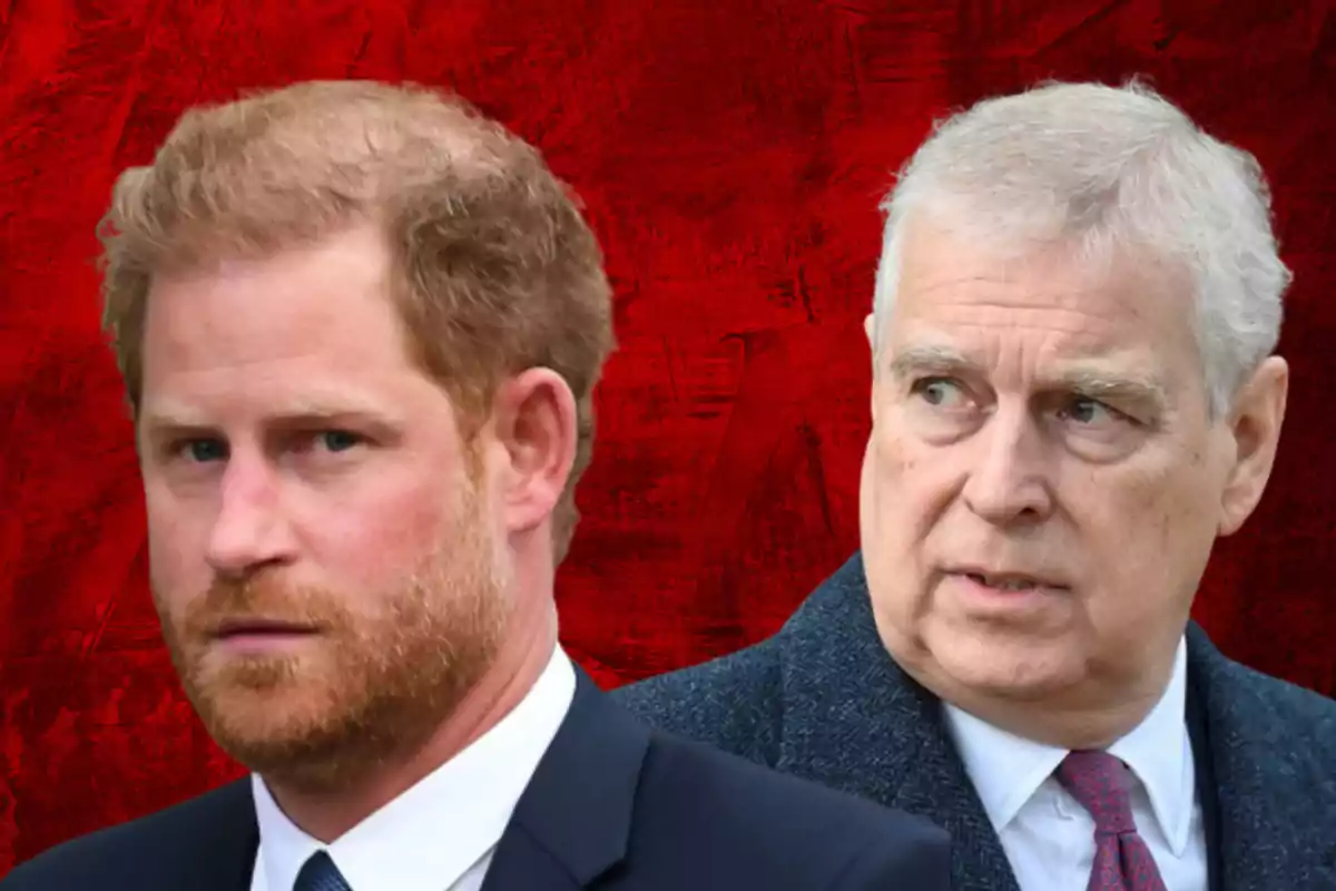 Two light-haired men with serious expressions dressed in suits in front of a red background