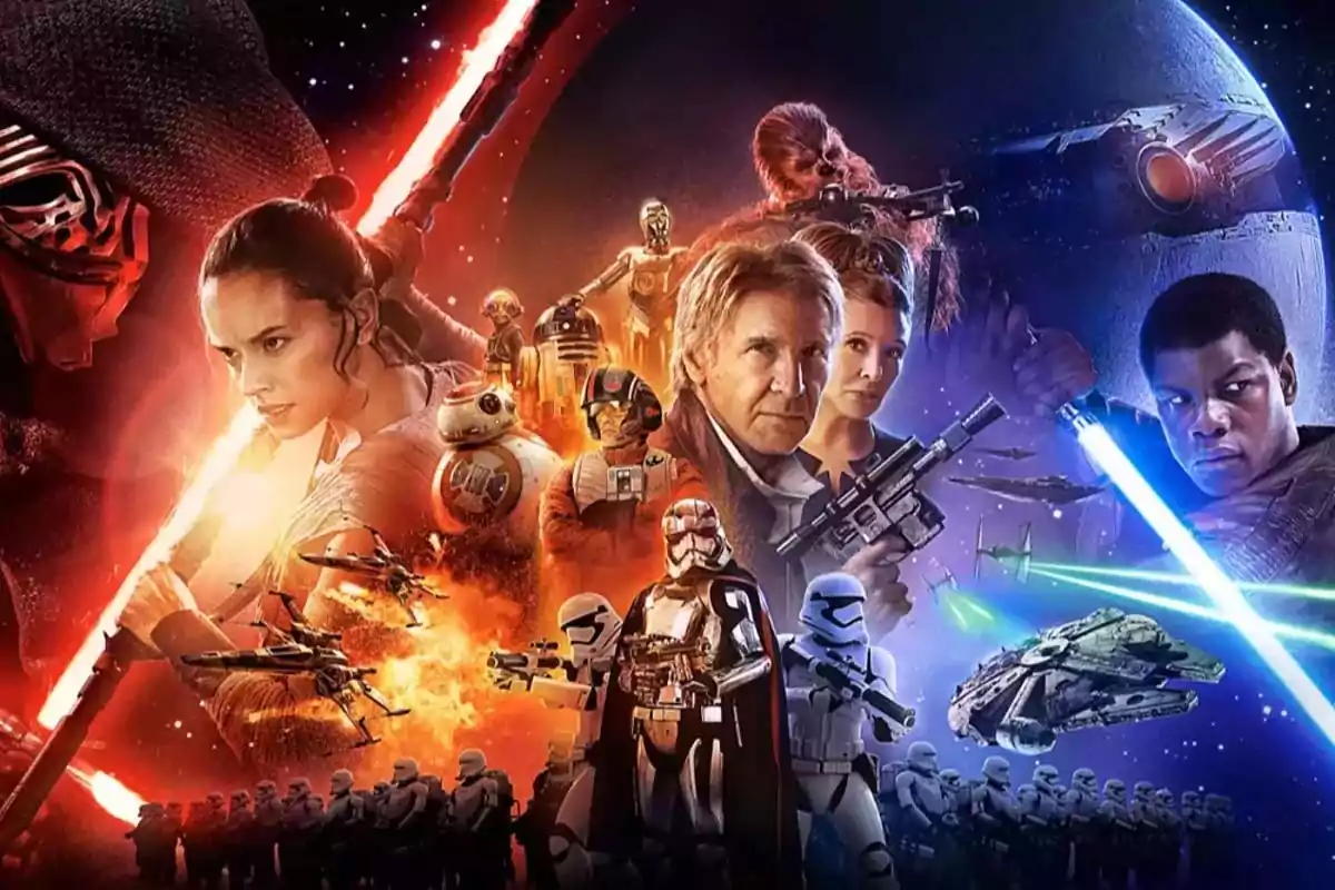Star Wars movie poster featuring several main characters, lightsabers, spaceships, and a top-tier background split into red and blue tones Star Wars movie poster featuring several main characters, lightsabers, spaceships, and a top-tier background split into red and blue tones