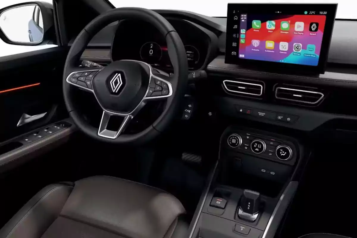 Modern interior of a Renault car with a multifunction steering wheel, central touchscreen, and digital climate controls Modern interior of a Renault car with a multifunction steering wheel, central touchscreen, and digital climate controls