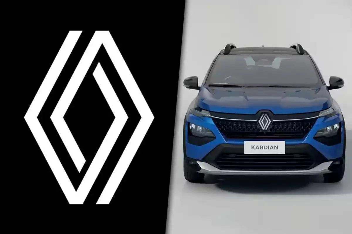 Renault logo on a black background next to a blue Renault Kardian car seen from the front on a light background