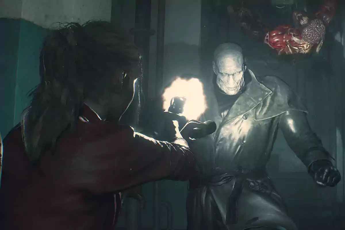 A woman shoots a large, menacing man in a trench coat in a dark and tense video game setting. A woman shoots a large, menacing man in a trench coat in a dark and tense video game setting.