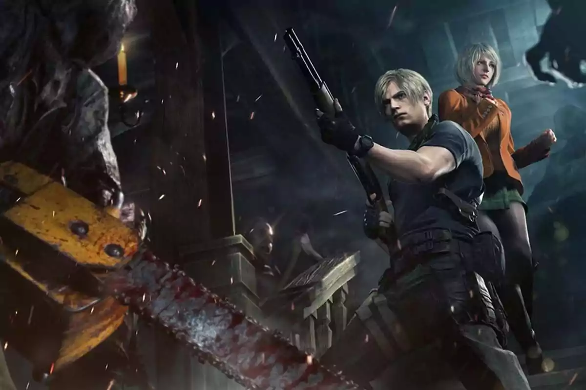 Two armed characters prepare to face an enemy with a chainsaw in a dark and dangerous environment. Two armed characters prepare to face an enemy with a chainsaw in a dark and dangerous environment.
