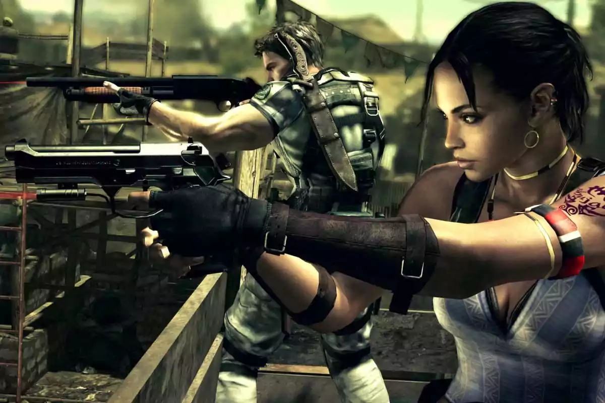 Two armed characters aim their weapons in an action scene from a video game. Two armed characters aim their weapons in an action scene from a video game.