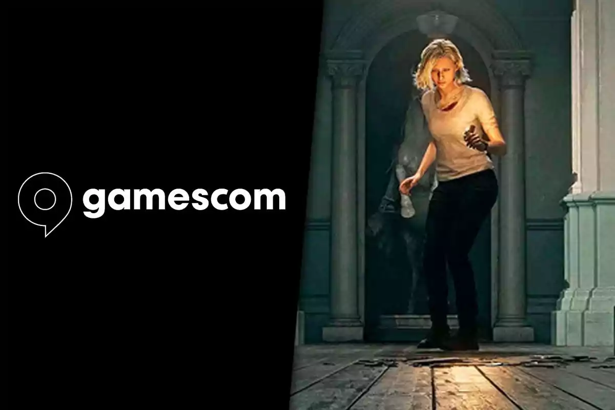 Logo de gamescom a la izquierda y una mujer rubia con linterna explorando un edificio antiguo a la derecha