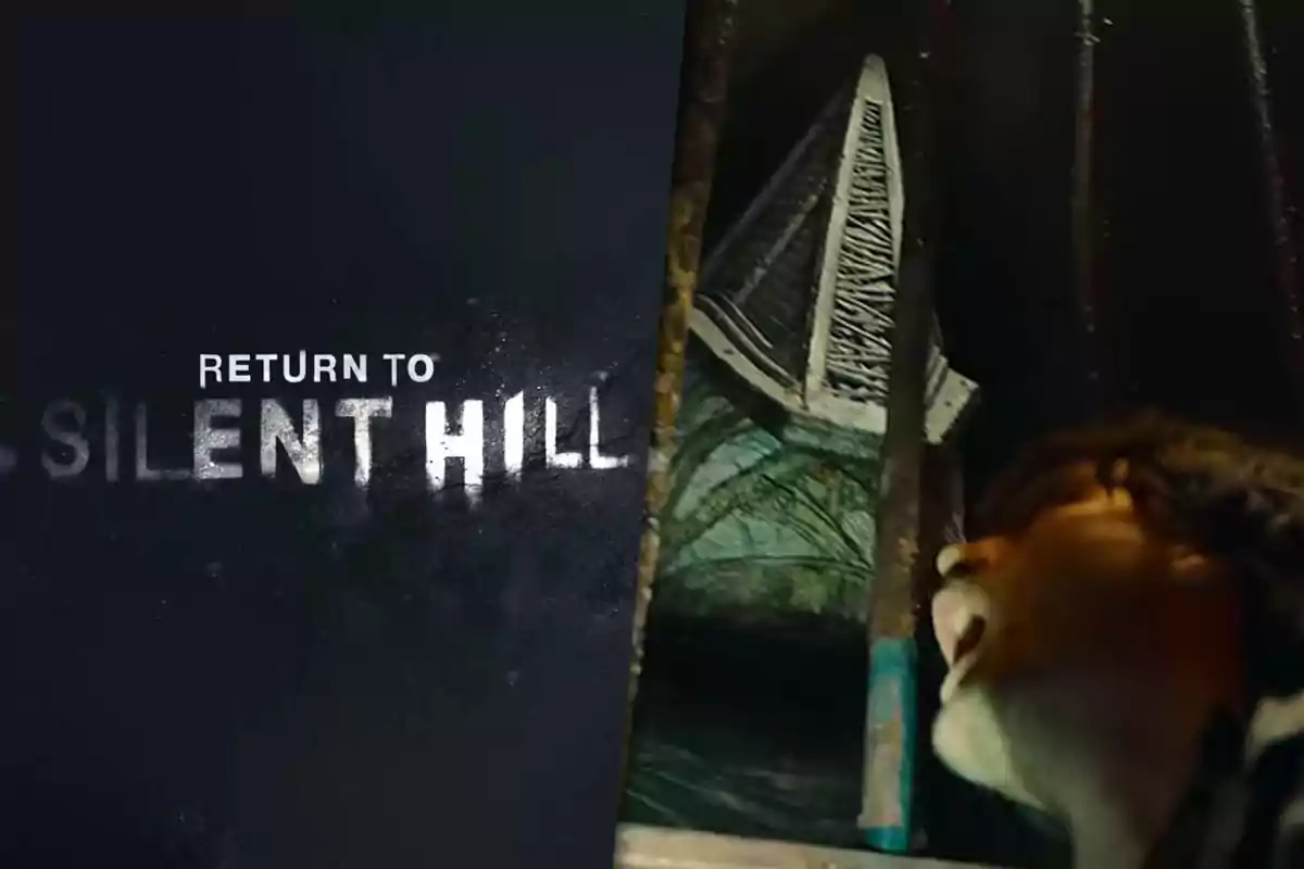 Promotional poster for the movie Return to Silent Hill with a dark background and a character screaming in front of a menacing figure
