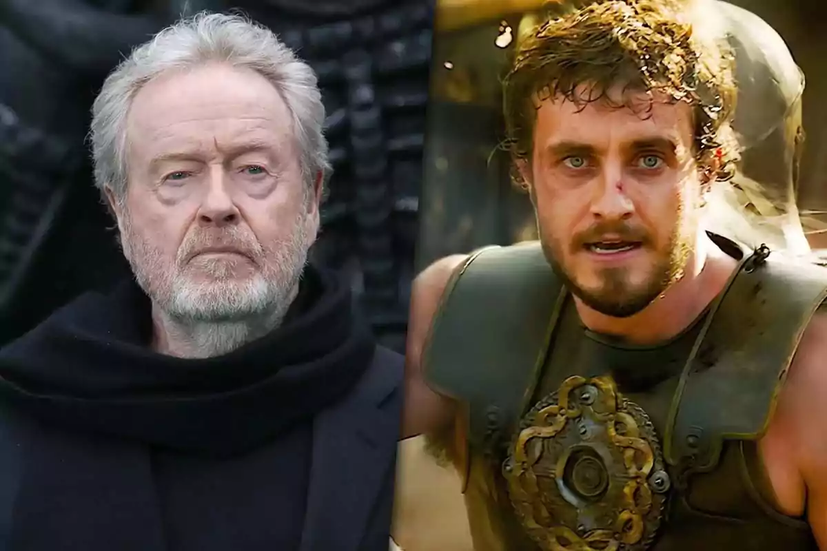 An older man with gray hair and a beard, dressed in dark clothing, looks seriously at the camera next to a young man in armor with an intense expression in an action-filled setting.
