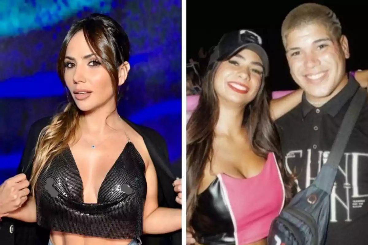 Two side-by-side photos show a woman posing in a shiny black top and a couple smiling at a nighttime event; the woman is wearing a pink and black top and the man is dressed in a dark T-jersey with white letters.