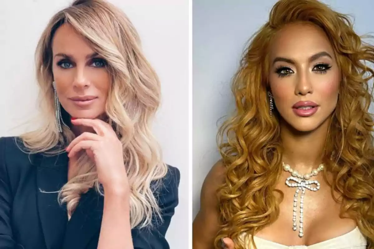 Dos mujeres posan frente a la cámara, una con cabello rubio ondulado y la otra con cabello pelirrojo rizado, ambas lucen maquillaje y accesorios elegantes.