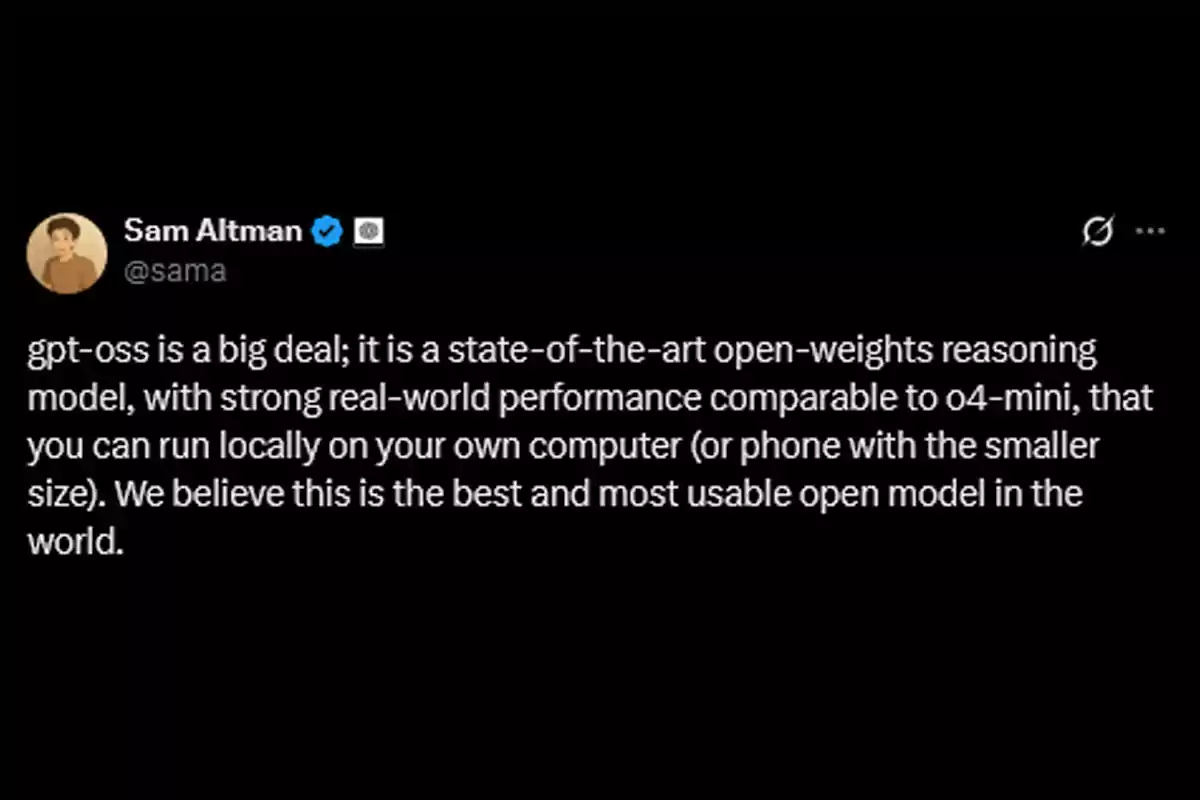 Captura de pantalla de un tuit donde se menciona que gpt-oss es un modelo de razonamiento de última generación con pesos abiertos, rendimiento comparable a o4-mini y que puede ejecutarse localmente, considerándolo el mejor y más usable modelo abierto del mundo. Captura de pantalla de un tuit donde se menciona que gpt-oss es un modelo de razonamiento de última generación con pesos abiertos, rendimiento comparable a o4-mini y que puede ejecutarse localmente, considerándolo el mejor y más usable modelo abierto del mundo.