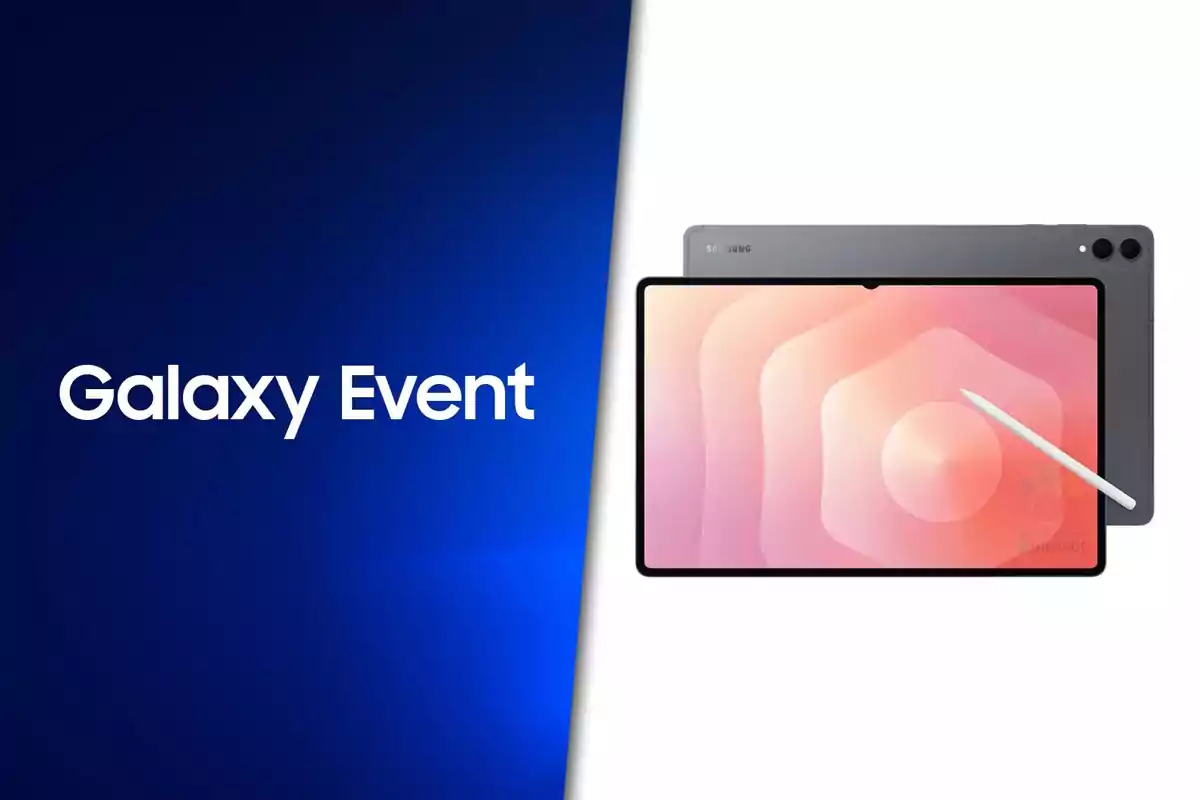 Evento Galaxy con una tablet Samsung y un lápiz digital sobre fondo azul y blanco