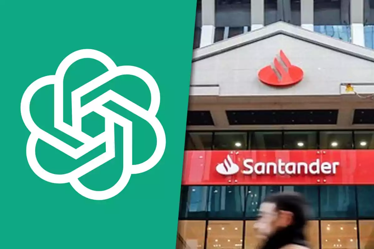 OpenAI logo on the left and Santander bank branch on the right