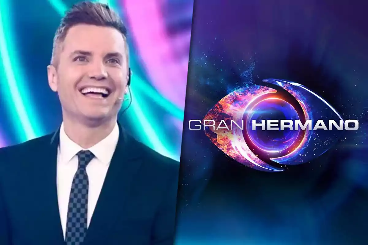 Un hombre sonriente con micrófono y traje oscuro aparece junto al logo colorido del programa Gran Hermano sobre un fondo azul y púrpura.