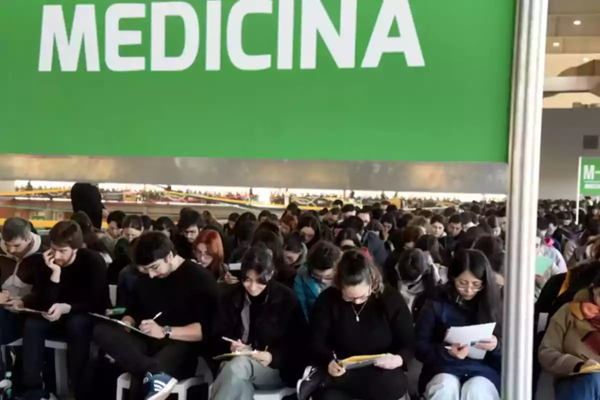 A large group of students sitting under a green sign that says A large group of students sitting under a green sign that says