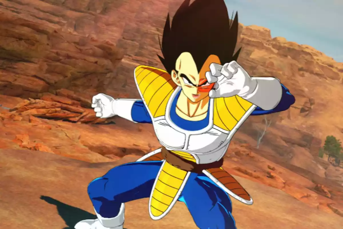 Personaje de anime con armadura azul y amarilla en pose de combate en un paisaje rocoso Personaje de anime con armadura azul y amarilla en pose de combate en un paisaje rocoso