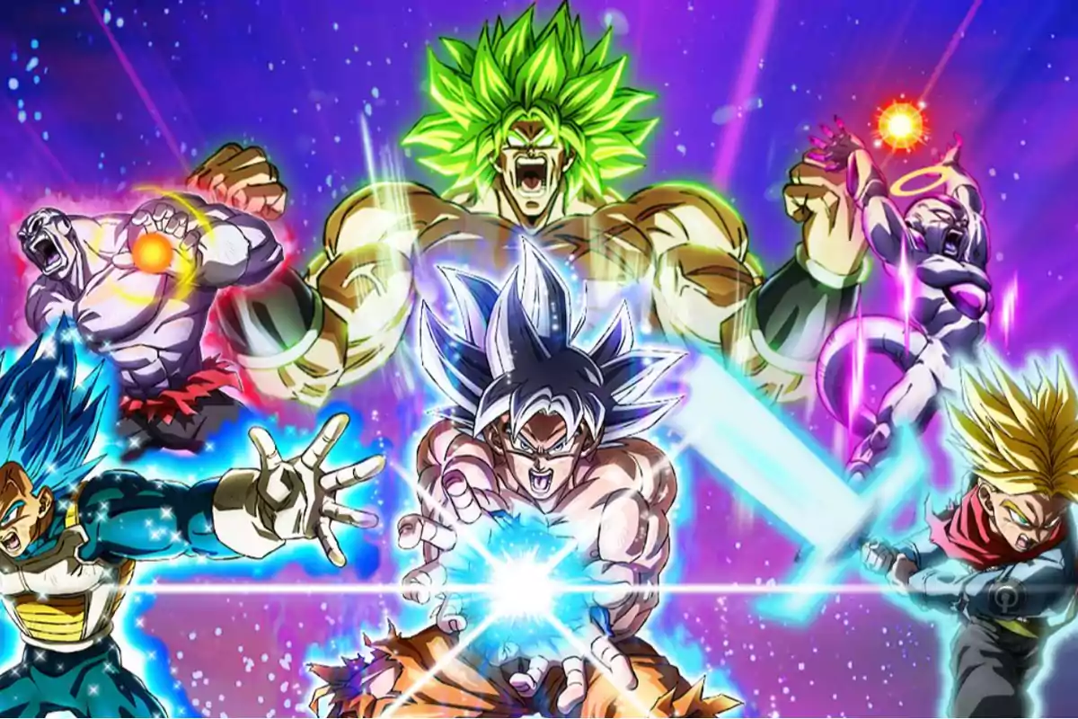 Varios personajes de Dragon Ball en poses de combate con efectos de energía y un fondo colorido