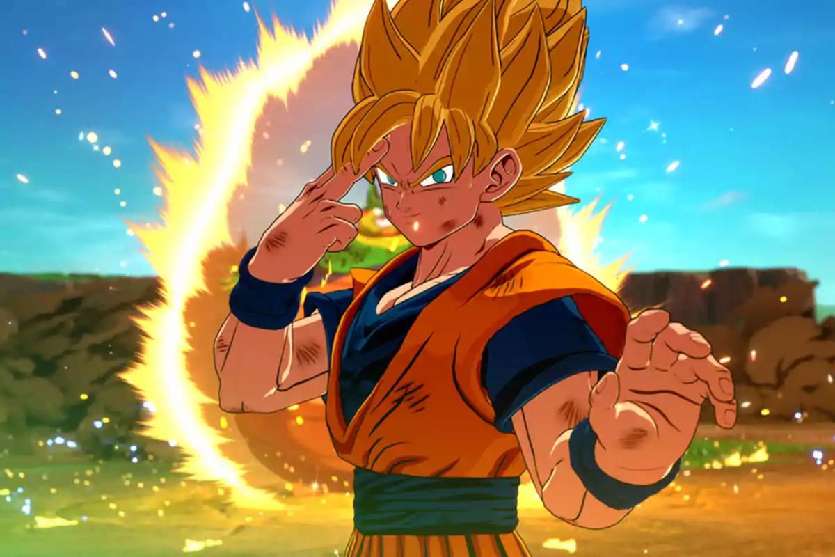 Personaje de anime con cabello rubio en punta y aura dorada realizando una pose de concentración en un entorno al aire libre Personaje de anime con cabello rubio en punta y aura dorada realizando una pose de concentración en un entorno al aire libre