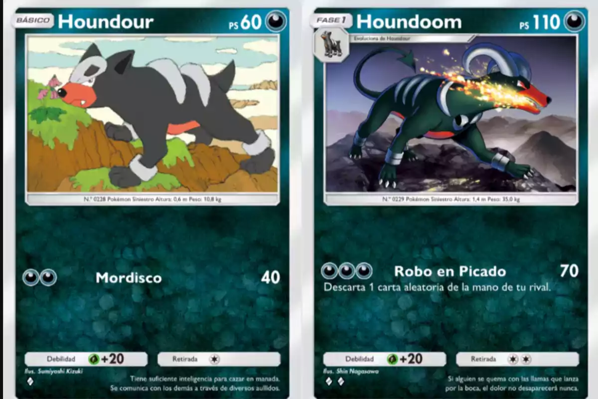 Dos cartas de Pokémon en español, una de Houndour y otra de Houndoom, ambas con fondo azul y detalles de sus ataques y características Dos cartas de Pokémon en español, una de Houndour y otra de Houndoom, ambas con fondo azul y detalles de sus ataques y características