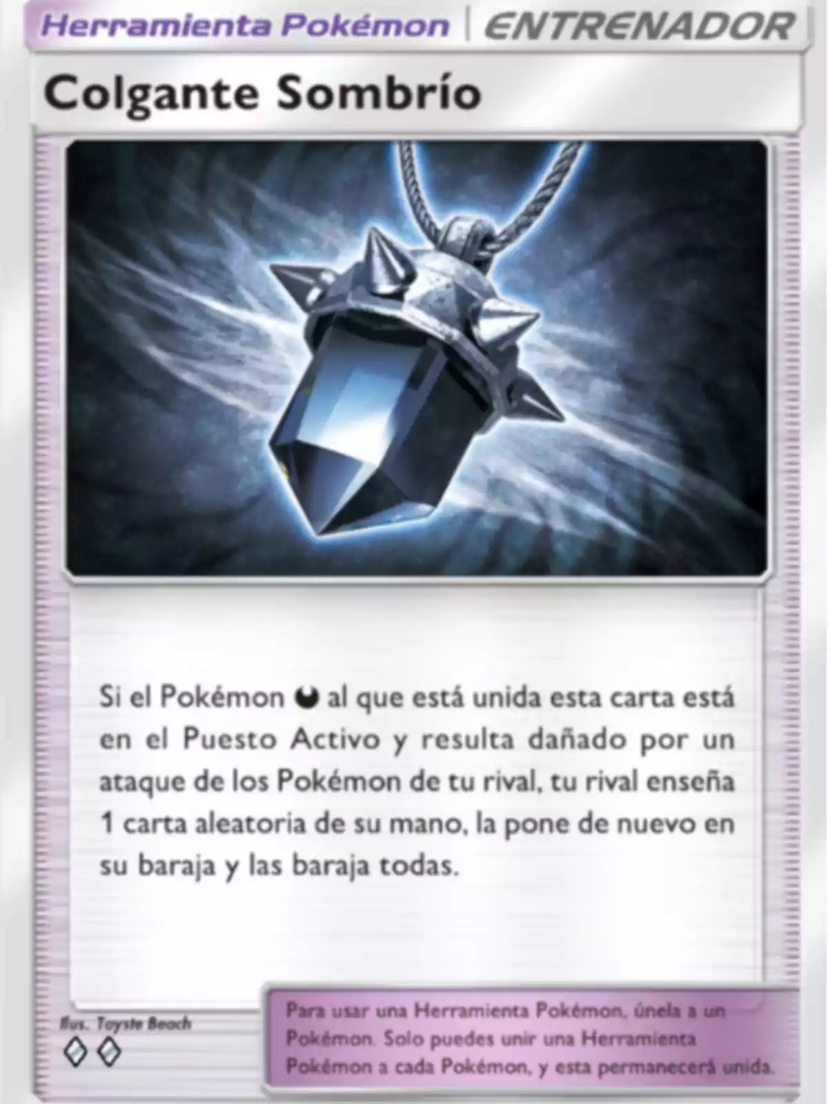 Carta de Pokémon llamada Colgante Sombrío que muestra un colgante oscuro con pinchos y una gema azul, acompañado de texto explicando su efecto en el juego Carta de Pokémon llamada Colgante Sombrío que muestra un colgante oscuro con pinchos y una gema azul, acompañado de texto explicando su efecto en el juego