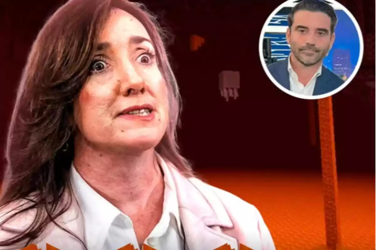 Mujer con expresión de sorpresa en primer plano sobre un fondo rojo oscuro con elementos de videojuego y un recuadro circular con el rostro de un hombre en la esquina superior derecha