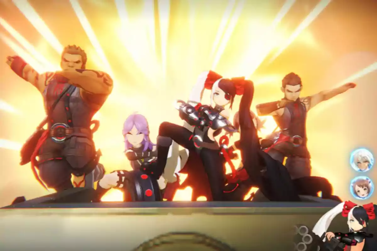 Cinco personajes de videojuego posan de manera heroica frente a un fondo brillante y dorado