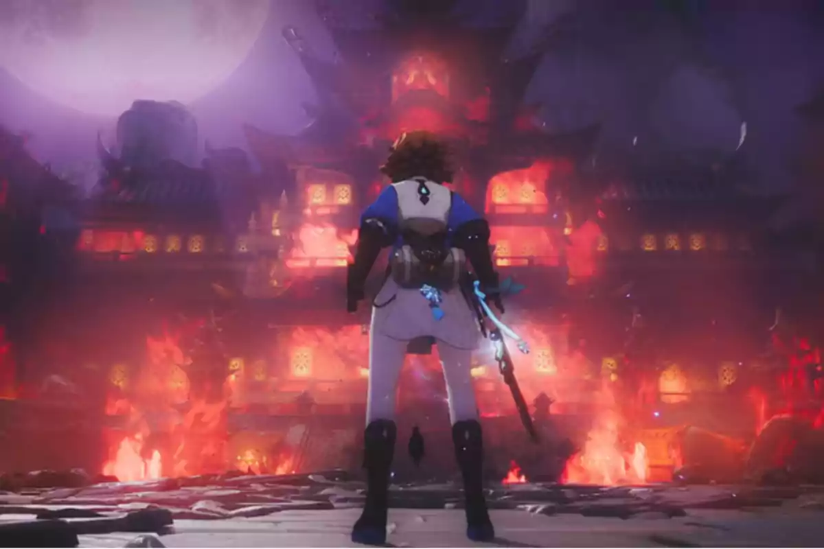 A person with their back turned watches a building on fire under the light of the full moon in a fantasy setting. A person with their back turned watches a building on fire under the light of the full moon in a fantasy setting.