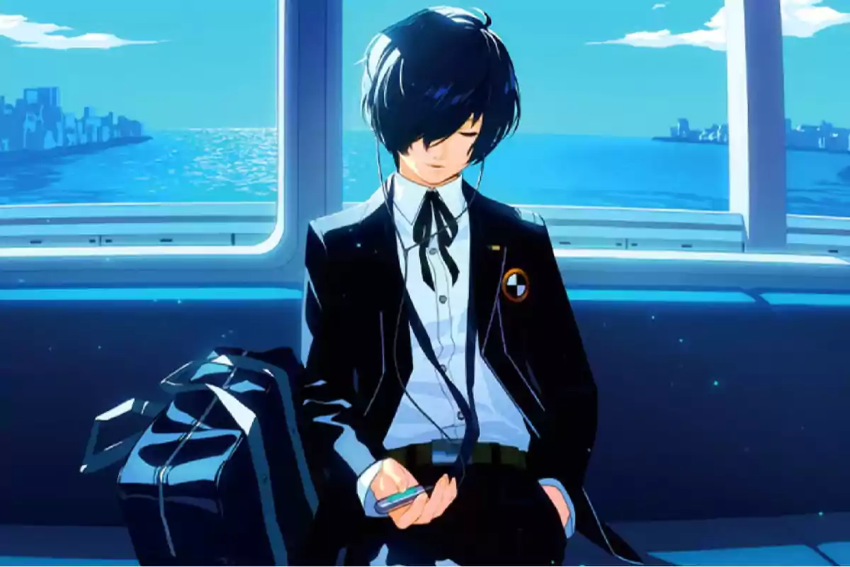 Joven de cabello oscuro con uniforme escolar sentado en un tren junto a una ventana con vista al mar mientras escucha música y sostiene un teléfono móvil Joven de cabello oscuro con uniforme escolar sentado en un tren junto a una ventana con vista al mar mientras escucha música y sostiene un teléfono móvil