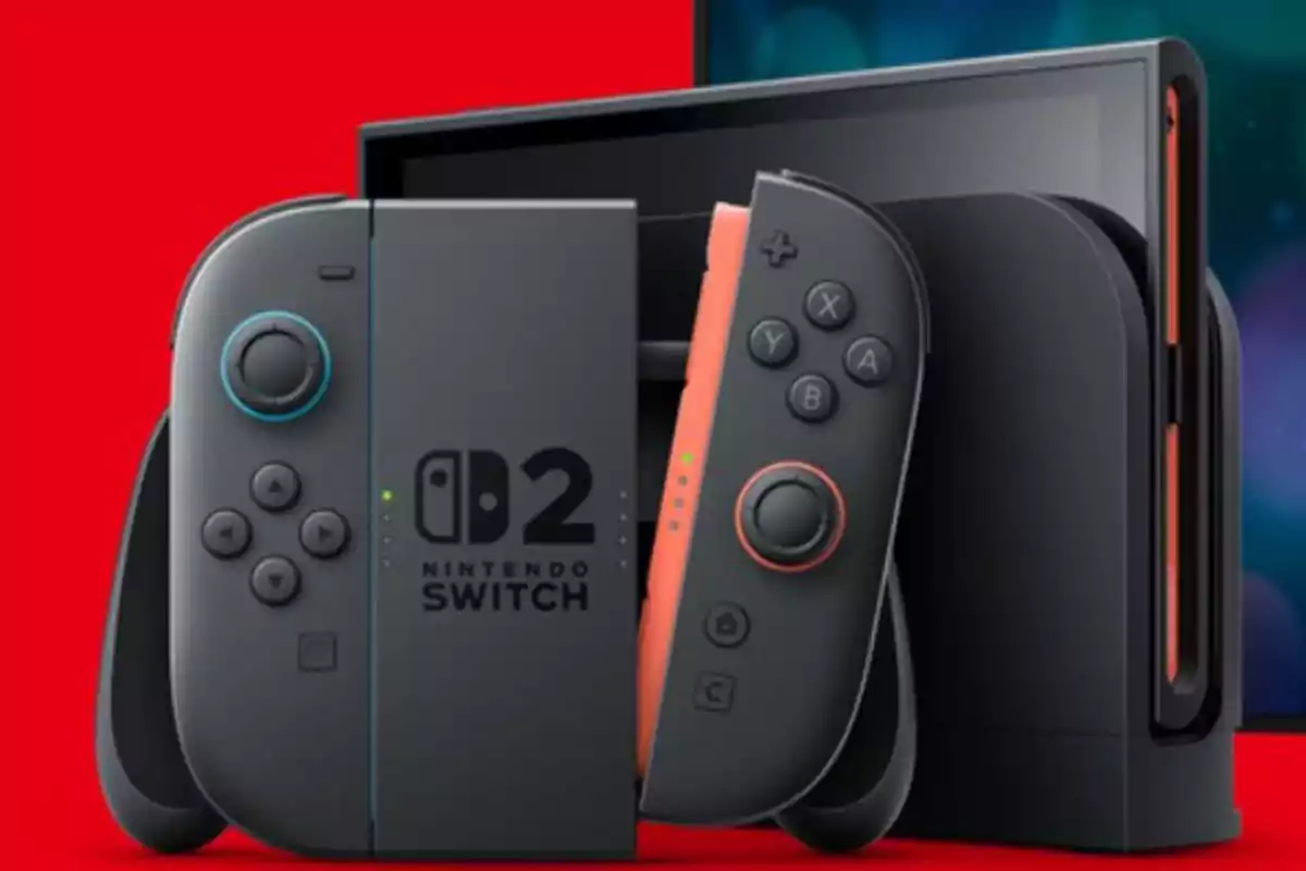 Consola de videojuegos Nintendo Switch 2 con controles Joy-Con en color negro y rojo sobre un fondo rojo Consola de videojuegos Nintendo Switch 2 con controles Joy-Con en color negro y rojo sobre un fondo rojo