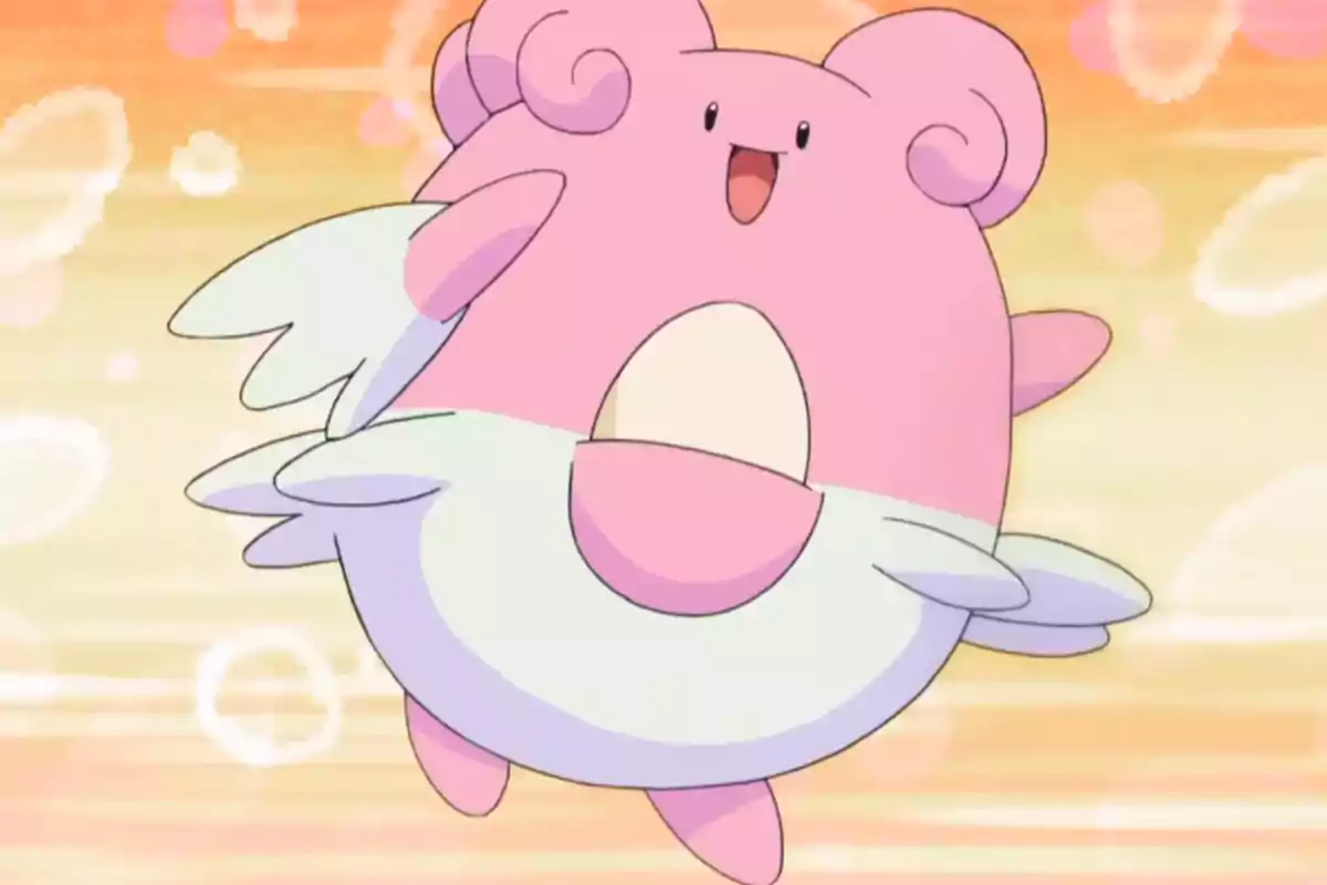 Un Pokémon rosado y redondo con orejas rizadas y una expresión alegre sobre un fondo de colores suaves