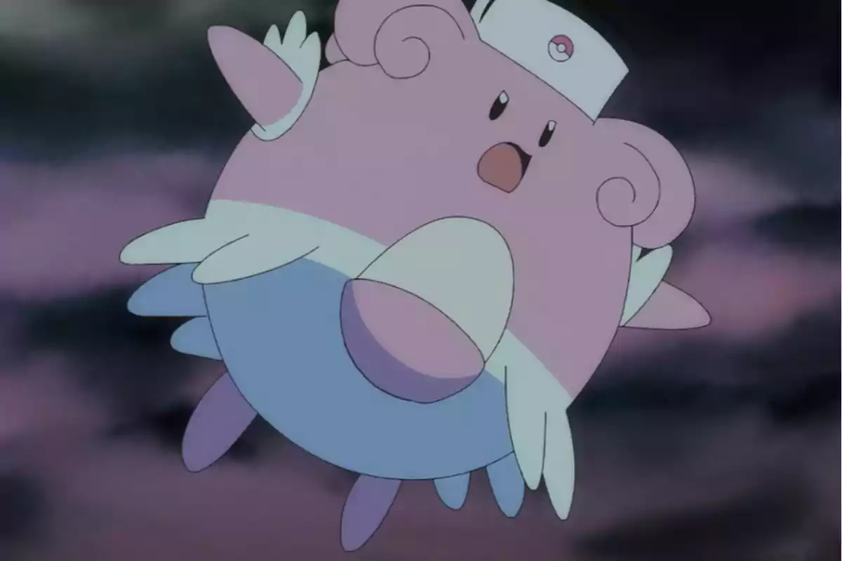 Un Blissey con gorro de enfermera flotando en el cielo con nubes oscuras de fondo Un Blissey con gorro de enfermera flotando en el cielo con nubes oscuras de fondo