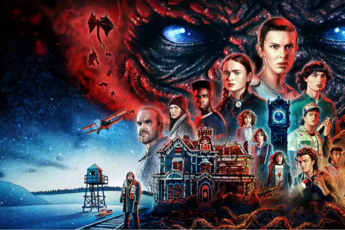 Illustration of the main characters from Stranger Things with a dark background and supernatural elements such as flying creatures and a mysterious house