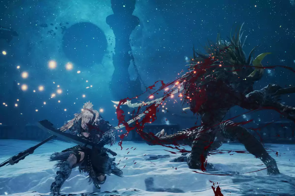 Long-haired warrior attacks a monstrous creature in a snowy setting under a starry sky, with blood splattering after the sword’s impact. Long-haired warrior attacks a monstrous creature in a snowy setting under a starry sky, with blood splattering after the sword’s impact.