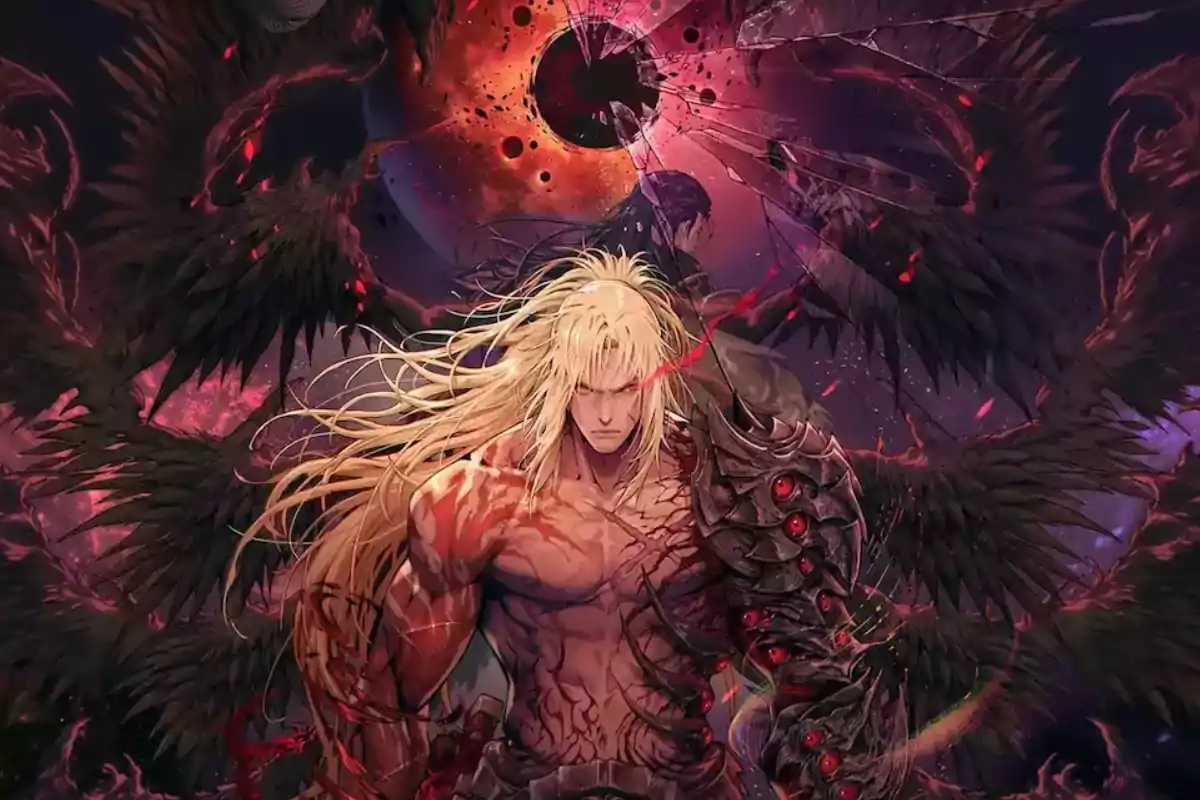 Long-haired, blond warrior with dark armor and black wings, surrounded by red energy and an eclipse in the background