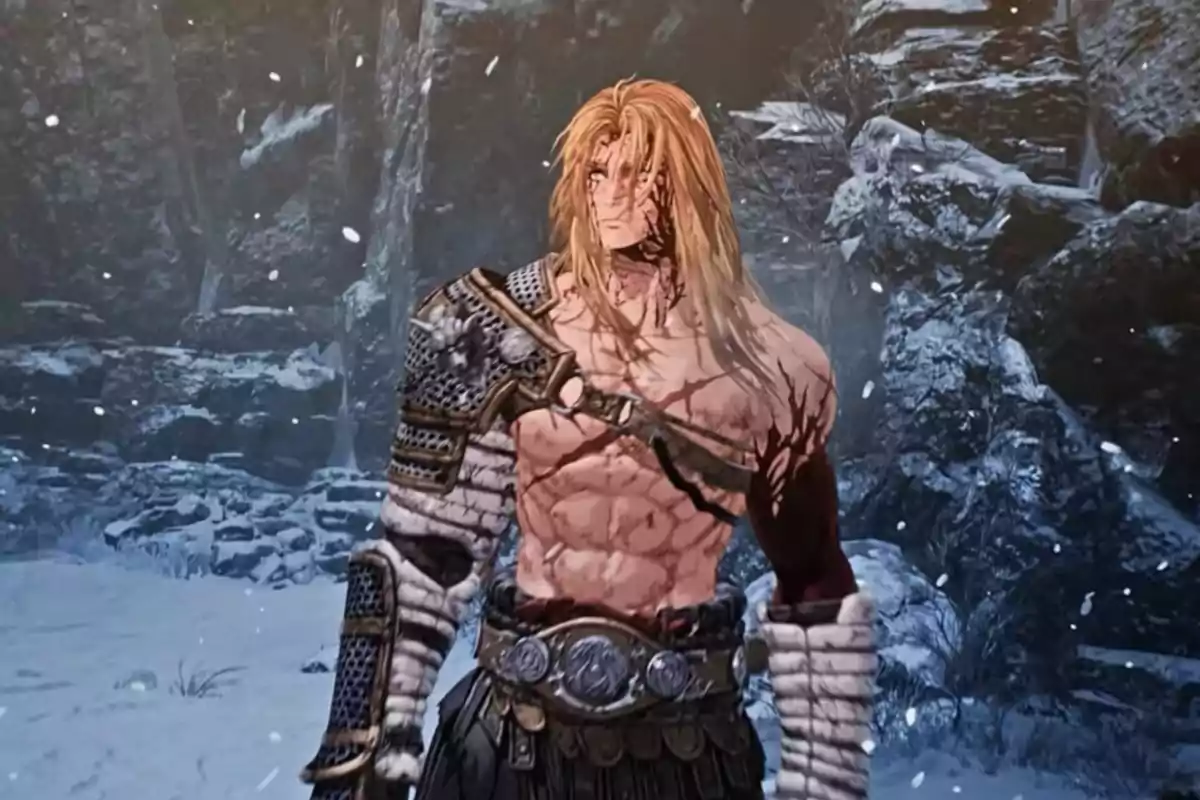 Long-haired blond warrior with partial armor and scars on his torso in a snowy landscape Long-haired blond warrior with partial armor and scars on his torso in a snowy landscape