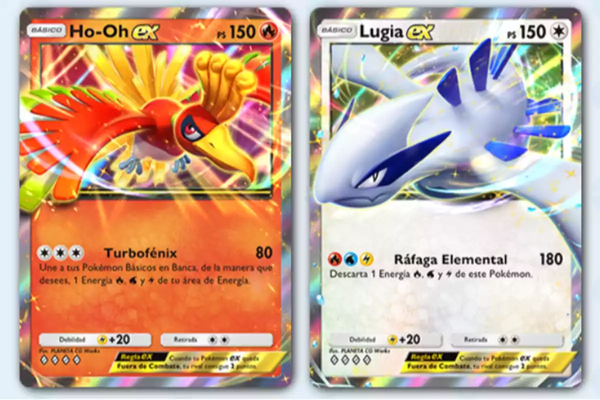 Two Pokémon ex cards featuring the characters Ho-Oh and Lugia with colorful illustrations and shiny effects Two Pokémon ex cards featuring the characters Ho-Oh and Lugia with colorful illustrations and shiny effects