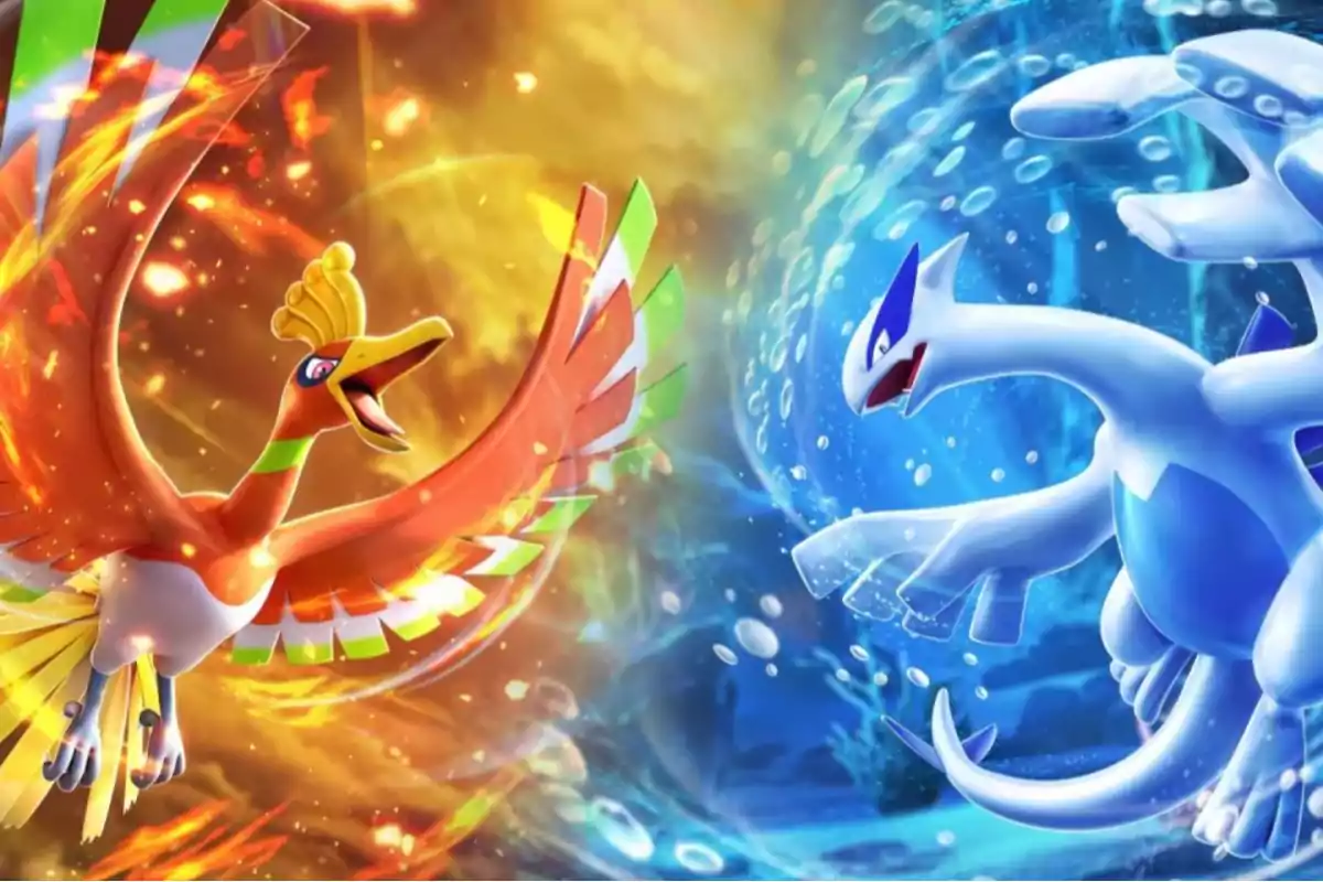 Two legendary Pokémon, Ho-Oh and Lugia, face off against a background split between fire and water.