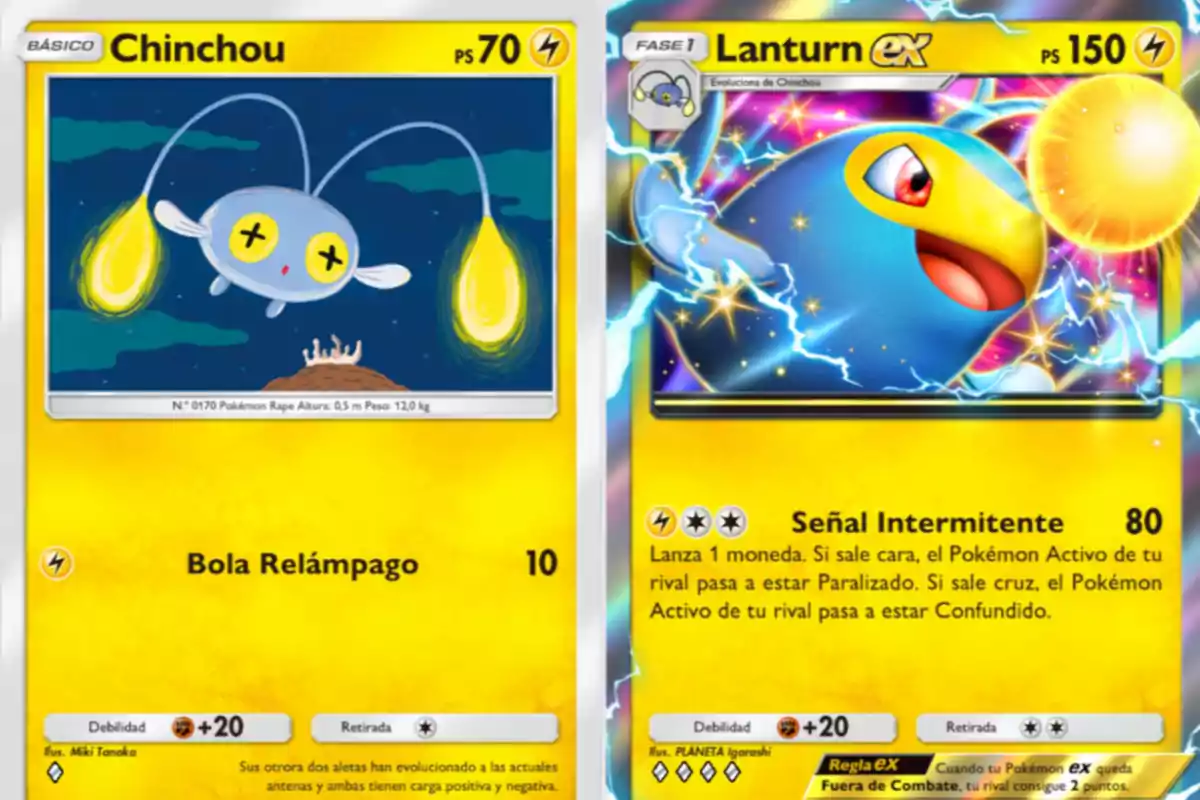 Dos cartas de Pokémon de tipo eléctrico, una de Chinchou y otra de Lanturn ex, ambas con fondo amarillo y detalles de sus ataques y habilidades en español Dos cartas de Pokémon de tipo eléctrico, una de Chinchou y otra de Lanturn ex, ambas con fondo amarillo y detalles de sus ataques y habilidades en español
