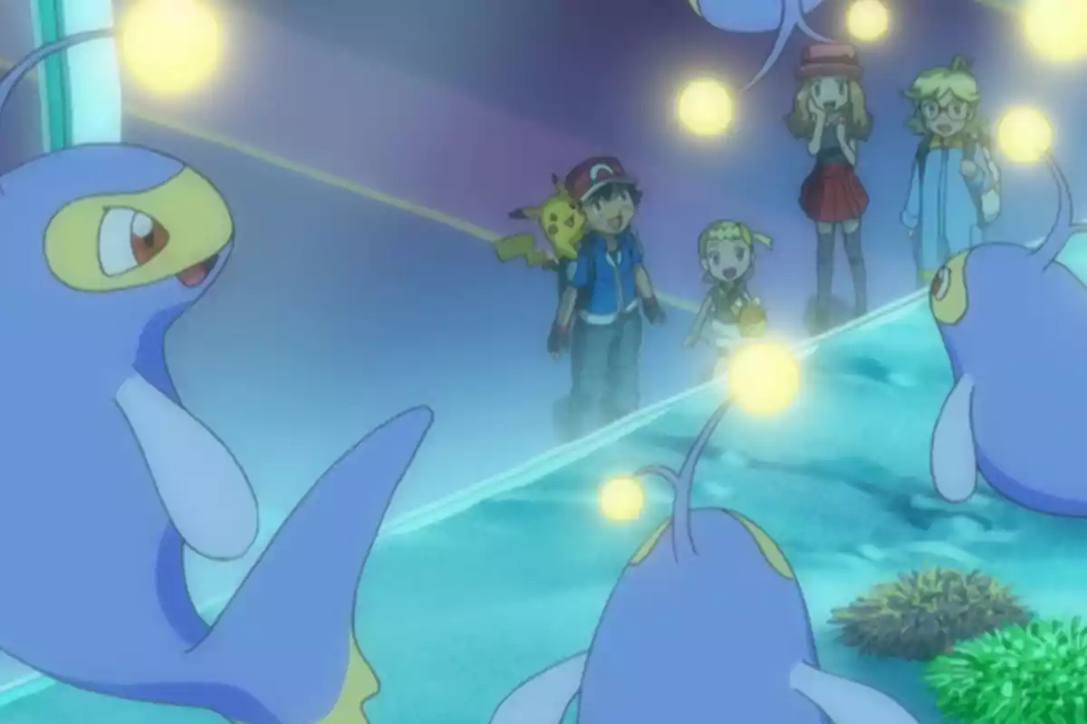 Un grupo de personajes de Pokémon observa emocionado a varios Lanturn nadando en un acuario iluminado bajo el agua
