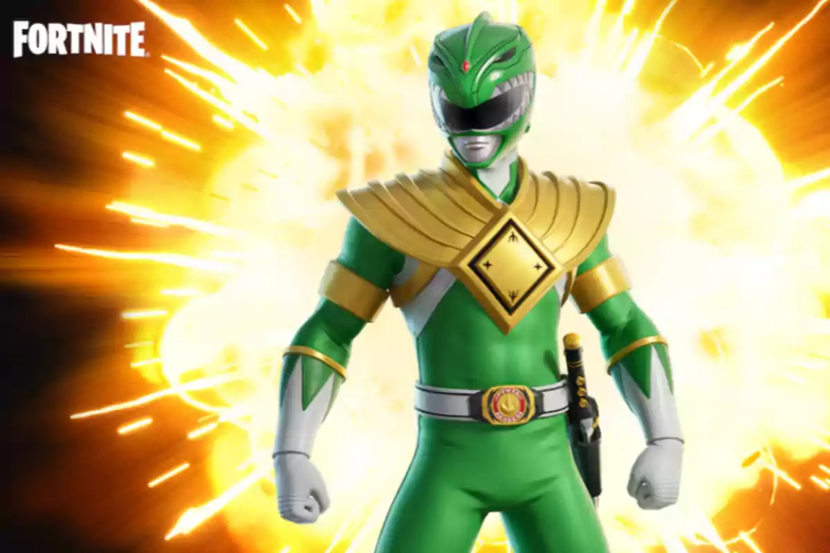 Personaje de Power Ranger verde con armadura dorada y fondo de explosión amarilla en una imagen promocional de Fortnite