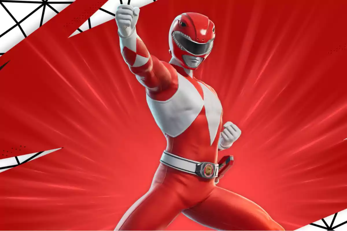 Persona disfrazada de Power Ranger rojo en una pose de acción sobre un fondo rojo llamativo Persona disfrazada de Power Ranger rojo en una pose de acción sobre un fondo rojo llamativo
