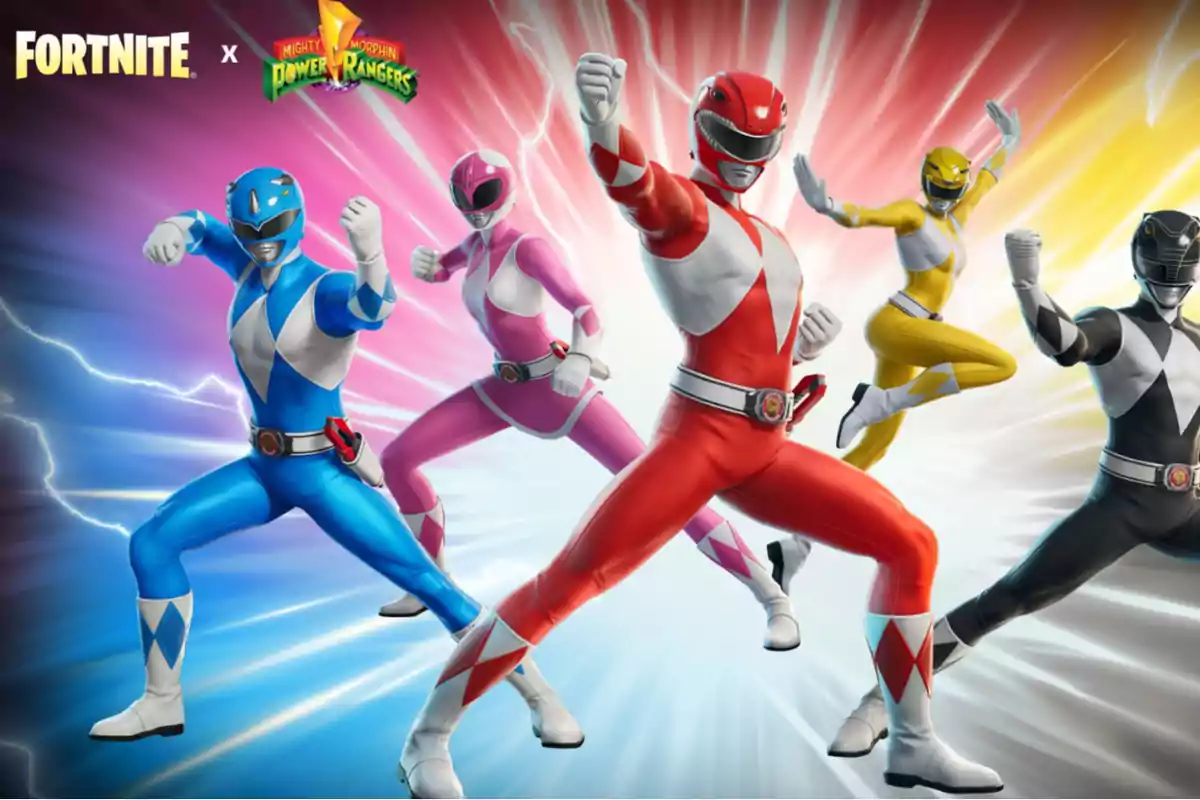 Cinco personajes de los Power Rangers en trajes de colores posando en una imagen promocional de Fortnite con un fondo de rayos y destellos. Cinco personajes de los Power Rangers en trajes de colores posando en una imagen promocional de Fortnite con un fondo de rayos y destellos.