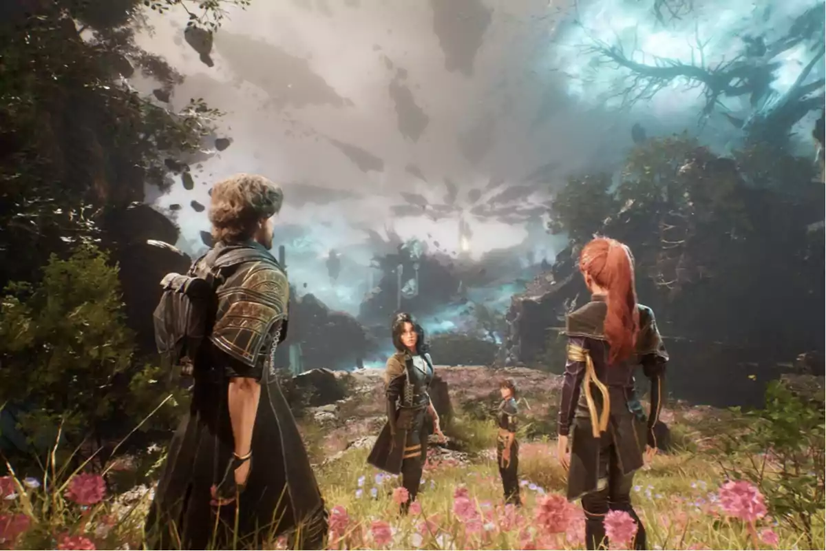 Four characters in fantasy attire stand in a natural landscape filled with flowers and trees as they gaze at a dramatic sky with clouds and mysterious lights. Four characters in fantasy attire stand in a natural landscape filled with flowers and trees as they gaze at a dramatic sky with clouds and mysterious lights.